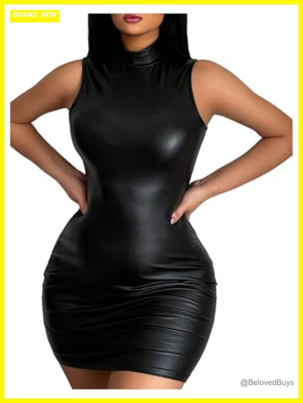 Sleeveless Faux Leather Mini Dress Mock Neck Ruched Bodycon Club Night Out